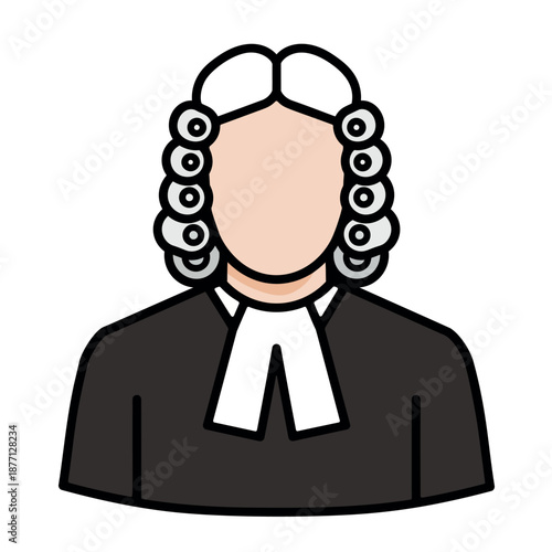 A judge in a black robe and white wig is depicted in a simple illustration