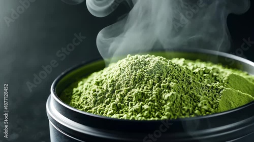Aromatic green matcha powder releases gentle steam in black container