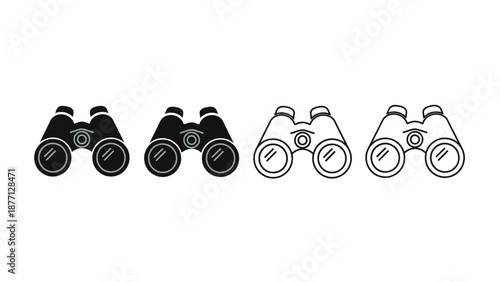 Four different styles of binoculars are shown in black and white outline and silhouette.