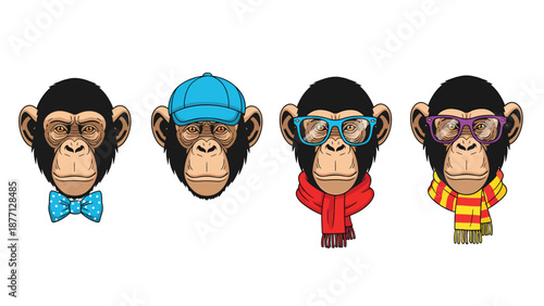 Stylish Cartoon Chimpanzee Heads Vector Set with Glasses, Scarves, Cap, and Bow Tie