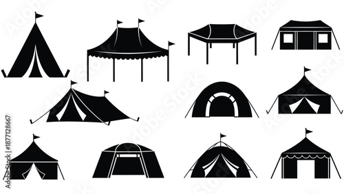 A collection of various tent and shelter designs are illustrated in black silhouette.