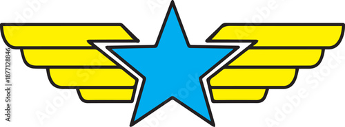 A vibrant vector icon featuring a blue central star flanked by bold yellow wings. This emblem symbolizes aviation, military rank, pilot achievement, and heroic status in a clean, flat design.