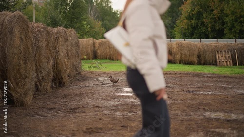 Wallpaper Mural woman walking muddy field near hay bales, pauses to watch small flock of ducks in puddles, jacket and boots splattered with mud, overcast autumn light, rustic fence and barn in background, Torontodigital.ca