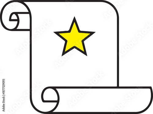 A minimalist line-art vector of a scroll or parchment featuring a vibrant yellow star in the center. It symbolizes success, certificates, official documents, or high-quality achievements.