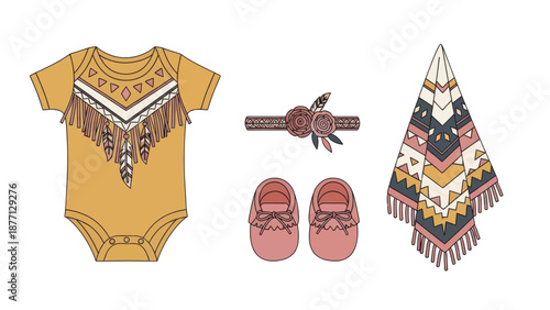 Boho Baby Outfit Set: Onesie, Shoes, Headband, Blanket