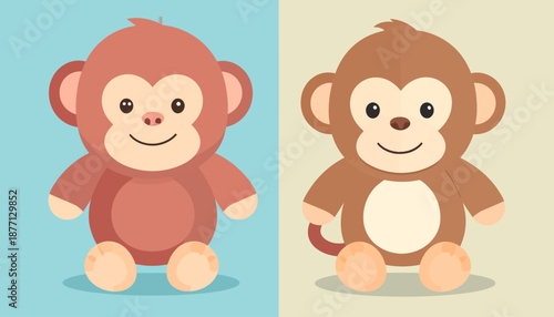 Two Cute Cartoon Monkeys Sitting Side-by-Side
