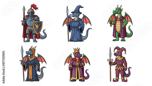 Fantasy Dragon Characters Collection: Knight, Wizard, King, Monk, Jester in Cartoon Style