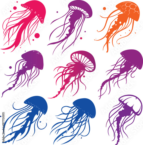 colorful jellyfish arranged in grid with flowing tentacles and decorative marine design