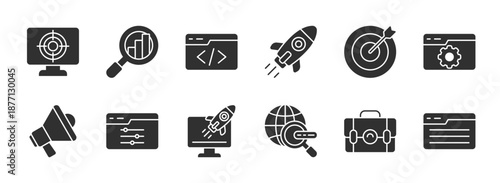 SEO Vector glyph style Icon Set Marketing, analytics, optimization, search, ranking, growth, keywords, rocket, traffic, coding, settings, strategy, target, results icons EPS 10