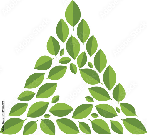 A triangular arrangement of various green leaves forming a recycling symbol silhouette. This eco-friendly graphic represents nature, sustainability, and environmental growth.