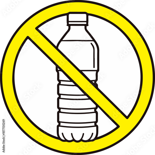 A minimalist line art illustration of a plastic water bottle inside a bold yellow prohibition circle with a diagonal slash, symbolizing a ban on single-use plastics.