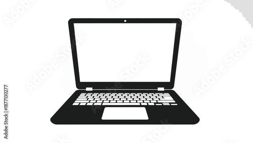 A black and white laptop computer sits open on a white background with a blank screen.