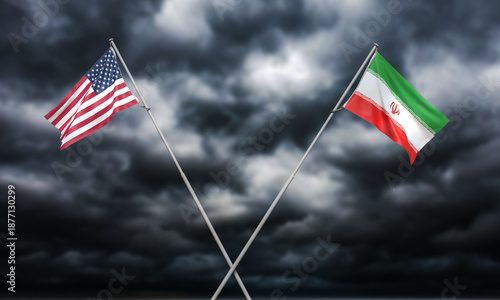 Φωτογραφία usa us united state america vs iran iranian country national flag waving cloudy