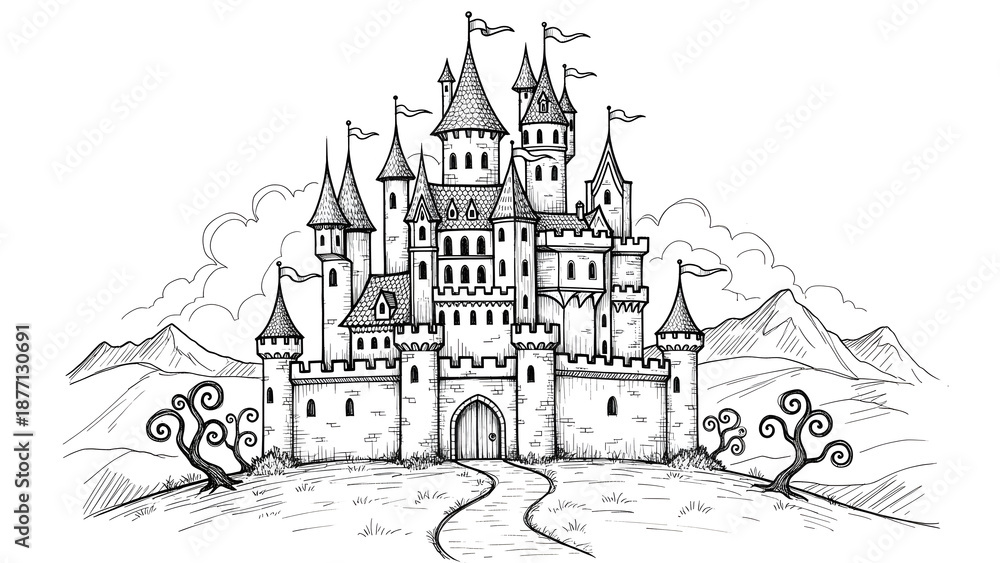 Naklejka premium castle drawing sketch on white background