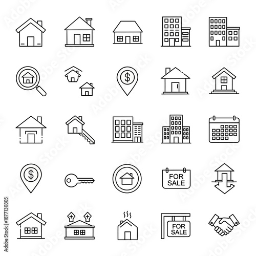 Real Estate Line Icons Set. Property Management, Housing Market, Buying, Selling, and Home Services Vector Outline Symbols.