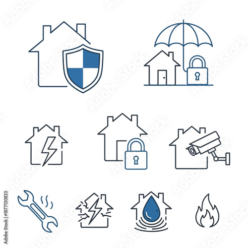 Home Insurance and Security Icons Set. Vector collection of house protection symbols: fire, flood, electricity, CCTV, maintenance, shield, and padlock signs.