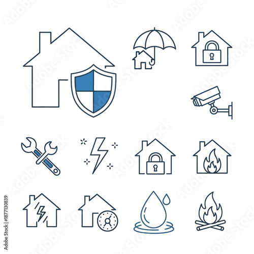 Home Security, Insurance, and Maintenance Vector Line Icons Set. Property Protection, Hazard Symbols (Fire, Water, Storm), and Surveillance.