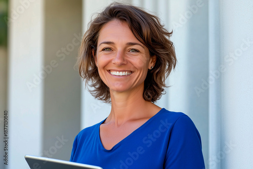 Portrait of a middle-aged businesswoman standing and smiling, outdoor portrait
