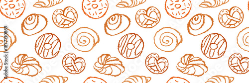 Cute hand drawn pastry seamless pattern. Doodle crayon croissants, pretzels and donuts on white background.