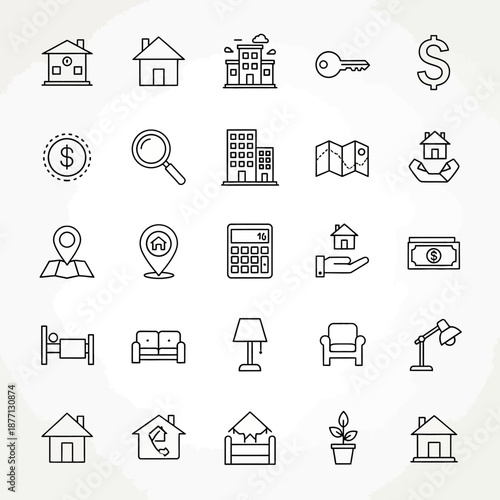 Real Estate Line Icons Set. Outline Vector Collection of Property, Housing, Finance, Location, Home Interior, and Mortgage Symbols.