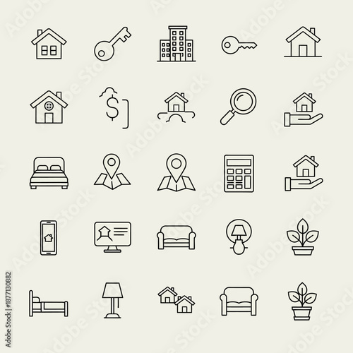 Real Estate Line Icons Set. Property Management, Housing, Mortgage, Home Search, and Interior Design Outline Vector Collection for Web and App UI.