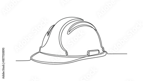 A single continuous line drawing of a white hard hat on a white background.