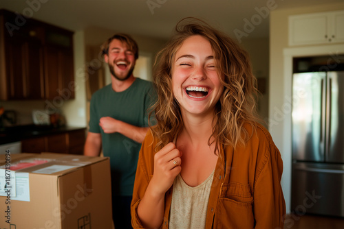 young couple smiling in new apartment, new beginning for couple