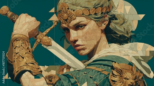 Geometric Female Warrior Illustration With Sword And Teal Background