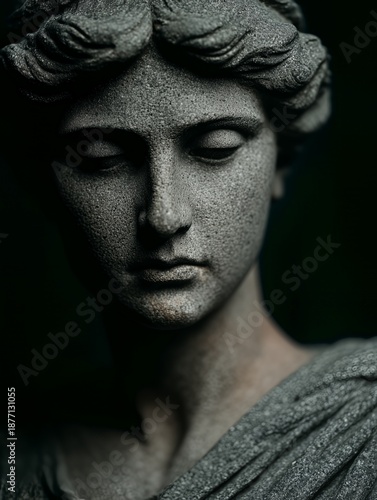 Moody Close Up Of Classical Stone Statue Face In Shadow