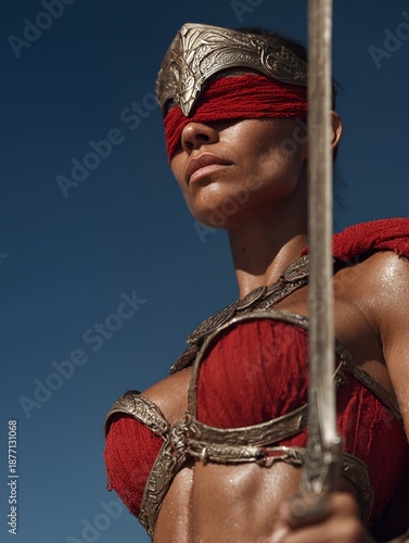 Blindfolded Female Warrior In Red Armor Holding Sword Against Blue Sky