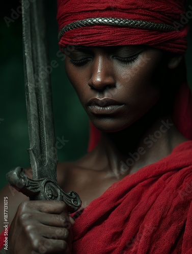African Warrior Portrait With Red Headwrap Holding Ancient Sword