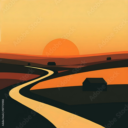 Vibrant sunset over rolling hills with winding road to distant barns