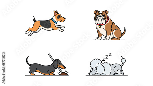 Cute Cartoon Dog Breeds Collection with Various Activities: Running, Sitting, Digging, and Sleeping Pets
