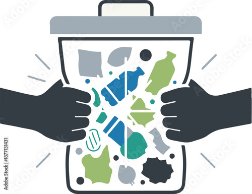 A dynamic vector illustration of two hands squeezing a transparent trash bin filled with plastic bottles and waste. It visually represents waste reduction and environmental pressure.