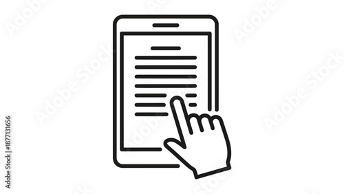 A hand is touching a screen of a digital device with text on it.