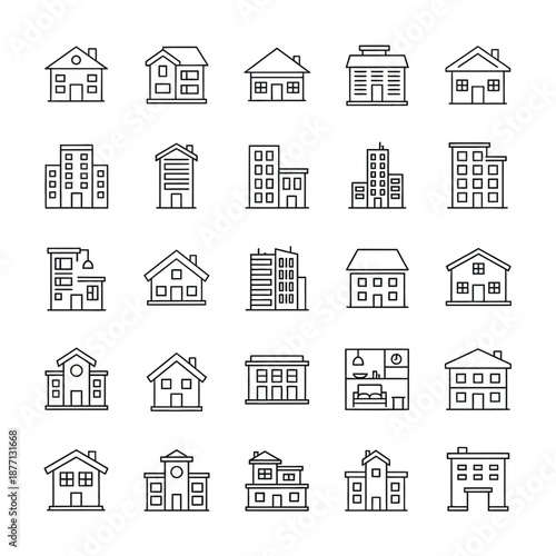 Buildings and Real Estate Outline Icons Set. Vector Collection of House, Residential, Commercial, and Urban Architecture Line Symbols.