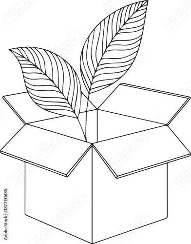 A minimalist line art illustration featuring an open cardboard box with two large, detailed leaves growing out of it. It symbolizes eco-friendly packaging and sustainable shipping.