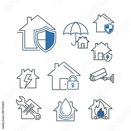 Home Security and Insurance Icons. Property Protection Vector Set featuring CCTV, Shield, Padlock, Fire, Water Damage, Repair Service, and Alarm System Outline Symbols.