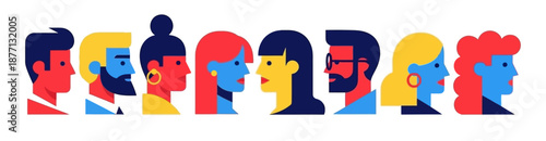 Row of diverse colorful stylized people heads in profile view for community and social network concept