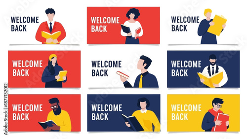 Set of nine welcome back horizontal banners featuring diverse students reading books for education and school design
