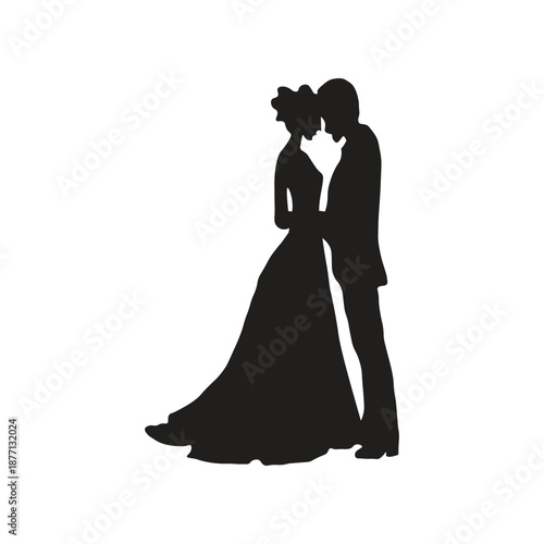 silhouette icon image of married people line drawing illustration showing a man and woman standing side by side wearing formal wedding attire such as wedding gowns and tuxedos