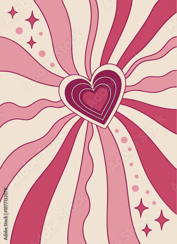 Retro Psychedelic Heart Poster with Wavy Radiating Stripes