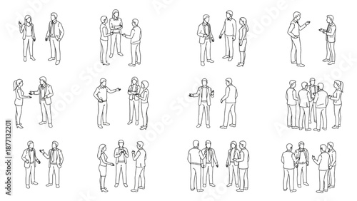 Diverse group of people standing and conversing in isometric line art style