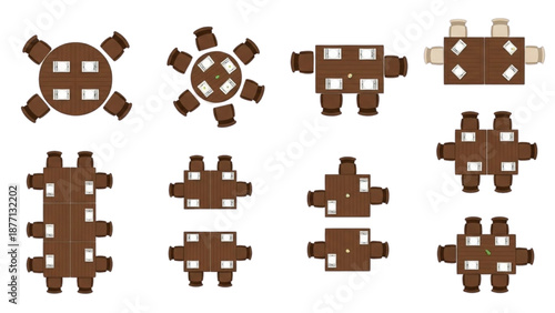 Top-down view of various meeting room table and chair arrangements