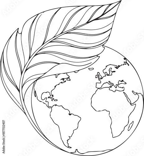 A vibrant vector illustration of the Earth partially cradled by a large green leaf. This design represents global environmental conservation, sustainability, and the harmony between nature and the pla