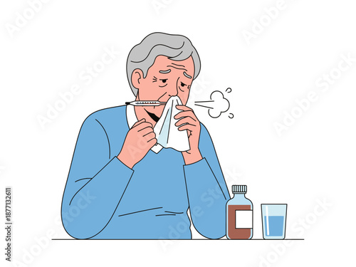 Elderly man blowing his nose with a tissue feeling sick.
