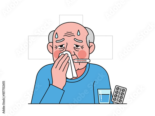 Sick elderly man with fever and flu symptoms holding a tissue.
