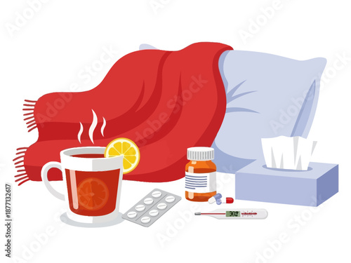 Sick persons comfort items including tea medicine and tissues.