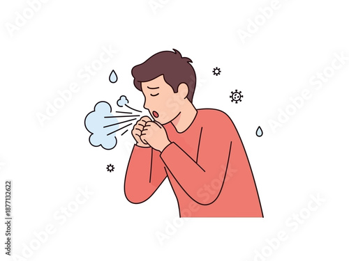 Man coughing with droplets and snowflake symbols indicating illness.