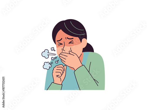 Woman coughing and covering her mouth with her hand.
